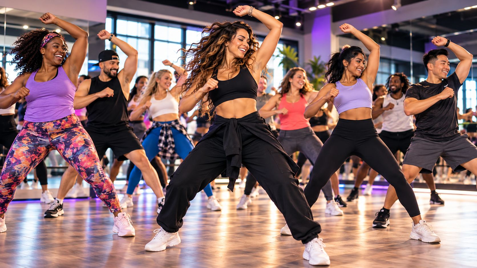 A smiling, diverse group dancing together in class