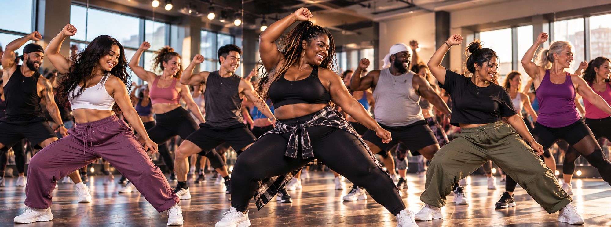 A diverse group of dancers mid move in a sunlit BeatzNBurn style class