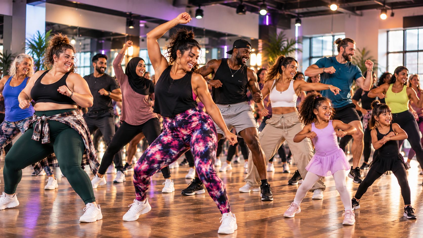Grown ups and little ones dancing together in one big class