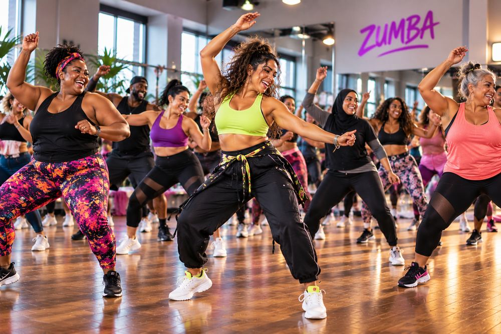A joyful Zumba class with dancers of every size and background